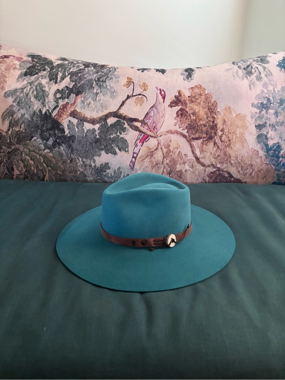 Teal Wide-Brim Wool Fedora with Brown Leather Band